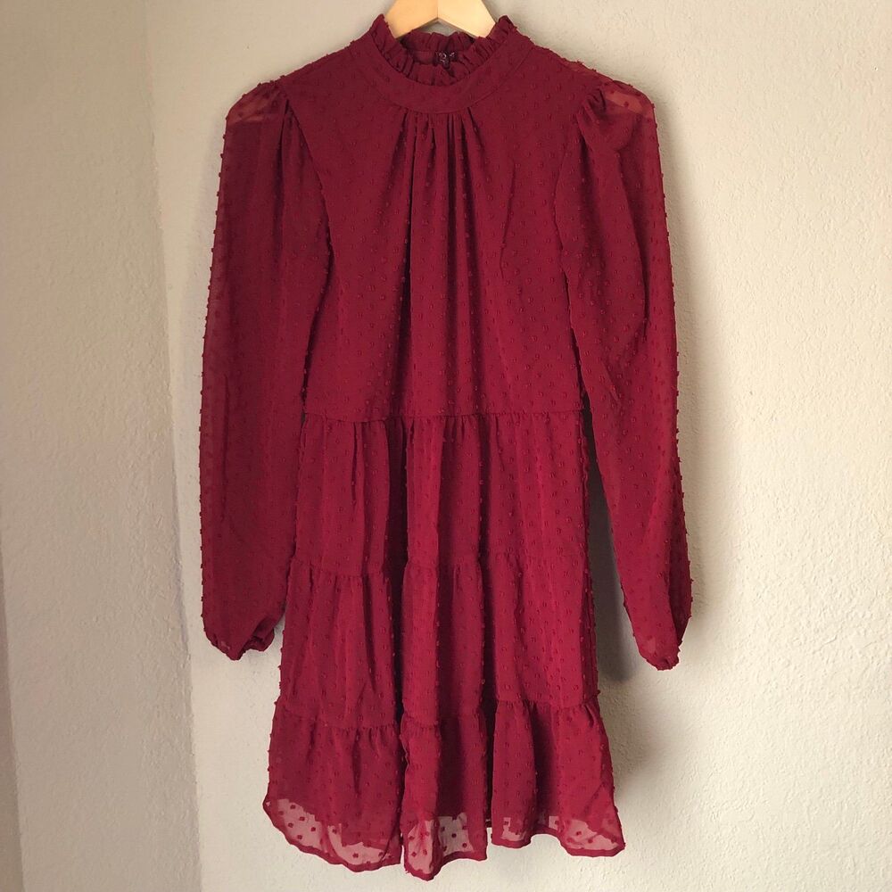 Trixxi Burgundy Sheer Ruffled Puffy Sleeve Tiered Baby Doll Mini Dress Romantic